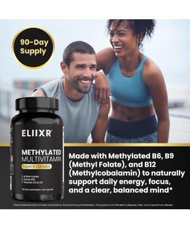 Eliixr Methylated Multivitamin | with 1500 mcg of Active Folate Methylated B12 Vitamin A C K2 D3 E Choline Biotin ALA CoQ10 B-Complex and More | 90 Capsules-3 Month Supply | Made in The USA 90 Count (Pack of 1) - Buy Online on GoSupps.com