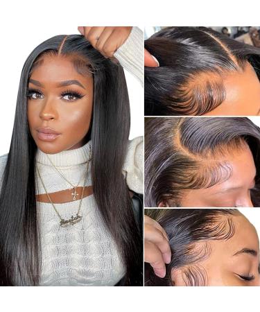 MEGALOOK Upgraded Bleached Knots Straight Lace Front Wigs 200% Density Brazilian Virgin Human Hair 13x4 HD Pre Cut Lace Frontal Wigs for Black Women Glueless Wigs Natural Black 18 Inch 18 Inch 13x4 Straight Lace Wig