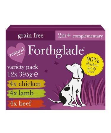 Forthglade Complementary Wet Dog Food Variety Pack (12 x 395g Trays) - Grain Free & Hypoallergenic Dog Food Just Chicken Lamb & Beef 90% Protein Stomach Sensitive with Natural Ingredients Meat Variety 395g (Pack of 12)