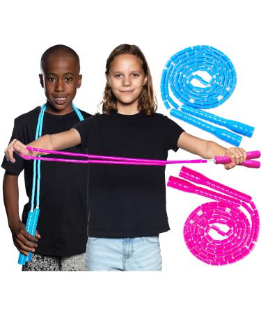 Fun Easy to Use Jump Rope for Kids - Adjust the Beaded Rope Length in Seconds to Fit Kids of All Ages & Sizes - Soft Beads Allow for Pain Free Hours of Fun - Great Party Gift Idea for Girls or Boys PINK & BLUE - 2 Pack