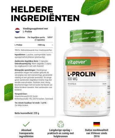 VitamineVersand 24 LProline 365 capsules Highly dosed with 1000mg per daily portion Pure amino acid obtained through fermentation No additives vegan - Buy Online on GoSupps.com