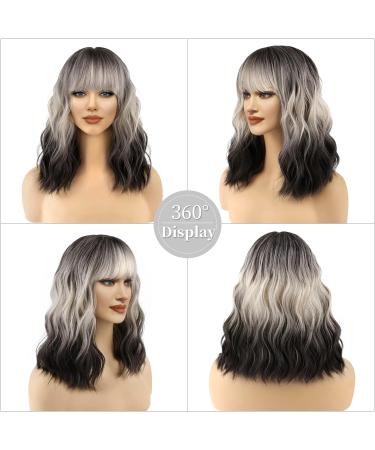 FAELBATY Short Black Ombre White Blonde Wave Bob Wig with Bangs | Shoulder Length Synthetic Cosplay Party Wig (12 60R) - Buy Online on GoSupps.com