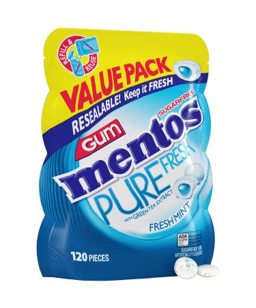 Mentos Pure Fresh Sugar-Free Chewing Gum with Xylitol, Fresh Mint, 120 Piece Bulk Resealable Bag (Pack of 1) Fresh Mint 120 Count (Pack of 1)