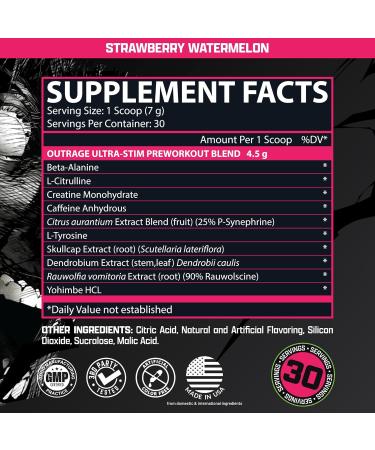 Outrage Ultra HIGH STIM Pre-Workout Powder for Men | 400mg Caffeine L-Citrulline Beta-Alanine Creatine | Extreme Energy Focus Strength & Endurance (30 Servings Strawberry Watermelon) Strawberry Watermelon 8 Ounce (Pac  - Buy Online on GoSupps.com