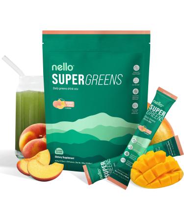 Nello Supergreens Premium Superfood Greens Drink Mix w/Chlorella Moringa Spinach & Broccoli + Digestive Enzymes & Probiotic Blend -Nutrient-Packed Powder Wellness (Mango Peach 20 SRV Travel Pack) Mango Peach 20 Servings