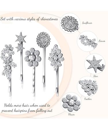 10-Piece Crystal Vintage Rhinestone Hair Pins | Silver Metal Hair Accessories for Women | Star, Flower, Leaf, Feather Design | Hair Decoration for Girls - Buy Online on GoSupps.com