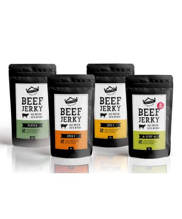Craftsman Beef Jery without sugar 100% natural |Set 4 x 50 g 200 g Tasty pack |From Germany - Bavaria |D rrfleisch Mix |Protein 68% |Biltong dry meat |Hemp pepper Smoky Chili