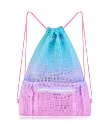 Nidoul Mesh Drawstring Bag with Zipper Pocket Beach Bag for Swimming Gear Backpack Gym Storage Bag for Adult Kids (Pink Blue)