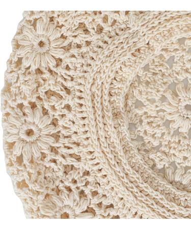 ZLYC Handmade Cotton Slouchy Crochet Beret with Cutout Floral Design - Plain Beige Women's Beanie Hat - Buy Online on GoSupps.com