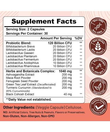 Menopause Supplements for Women | 120 Billion CFU Probiotic & 13-in-1 Herbal Complex | Relief from Hot Flashes Night Sweats Mood Swings | Vegan | 60 Capsules - Buy Online on GoSupps.com