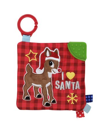 Soft Crinkle Travel Toy with Teether Tabs and Hook Rudolph The Red Nosed Reindeer/I Love Santa Embroidery for Christmas (Red 6.5 inch) Rudolph Red