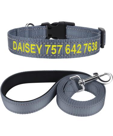 Tagme dog collar and leash personalized reflective dog collar with 1.5m double -sided reflective dog leash for medium -sized gray m (1 -pack) gray set