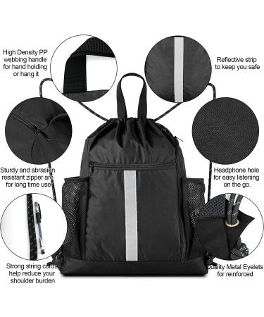 Drawstring Backpack Sports Gym Bag With Shoe Compartment and Two Water Bottle Holder Black 16" x 19.5" - Buy Online on GoSupps.com
