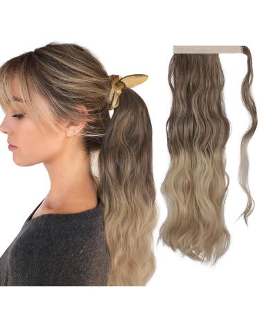 FESHFEN 60 cm Long Wrapped Ponytail Extensions Curly Clip-In Ponytail Wavy and Curly Synthetic Hair Extensions Braid Hairpiece Ponytail for Women 23.62 inch 6T25 Dark Brown to Sandy Blonde