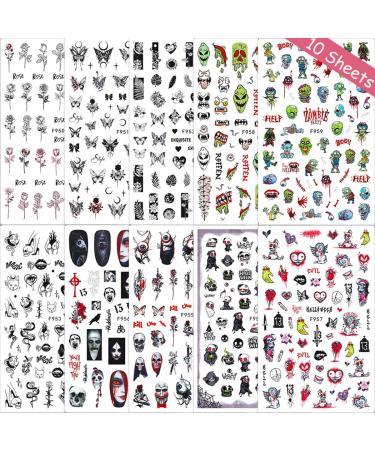10 Sheets Halloween Nail Art Stickers | Ghost Skull Butterfly & Snake Designs | 3D Self-Adhesive Nail Decals for Women & Girls - DIY Acrylic Nail Decorations - Buy Online on GoSupps.com