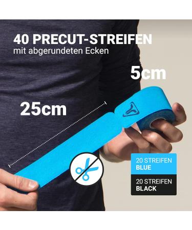TrueTape Kinesiology Tapes - 40 Stripes (25cm x 5cm) | Waterproof Elastic Skin-Friendly | Blue & Black Sport Tapes | Shop Now for International Shipping - Buy Online on GoSupps.com
