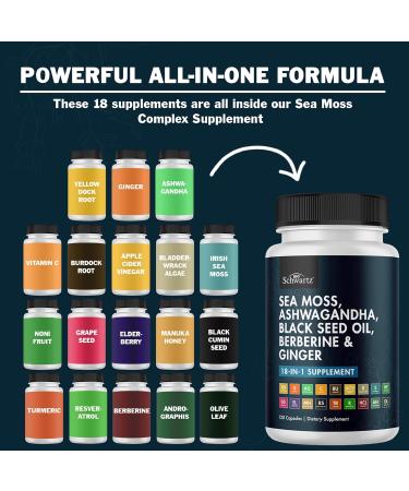 BioSchwartz Sea Moss Black Seed Oil Ashwagandha Ginger Supplement with Turmeric Berberine HCI Burdock Bladderwrack Resveratrol Elderberry Manuka Honey Apple Cider Vinegar ACV - 120 Sea Moss Capsules 120 Count (Pack of 1) - Buy Online on GoSupps.com