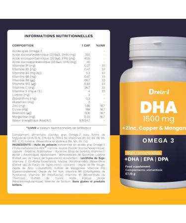 Brudy Lab Dreizol Omega 3 DHA 1500 avec EPA et DPA + Mangan se Zinc et Cuivre - Haute Concentration - Renforce les Tissus Oculaires R tine Sant Cardiaque et C r brale - 60 Capsules Jaune - Buy Online on GoSupps.com