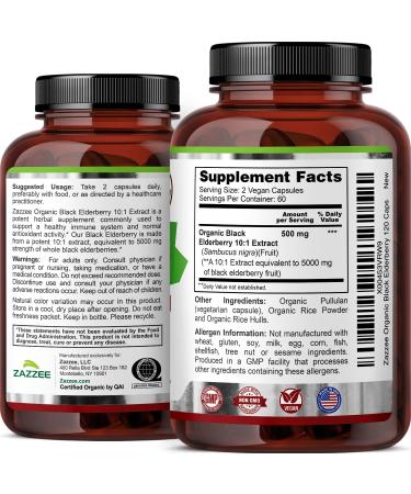 Zazzee USDA Organic Black Elderberry 10:1 Extract 5000 mg Strength 120 Vegan Capsules 2 Month Supply Standardized Concentrated 10X Extract 100% Vegetarian All-Natural Non-GMO Made in The USA - Buy Online on GoSupps.com
