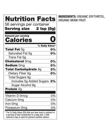 BetterBody Foods Organic Monk Fruit Sweetener Blend - Zero Calorie Raw Cane Sugar Substitute for Keto Diet - 1lb (16oz) - Baking Extract, Zero Net Carbs & Glycemic, Sugar Replacement - Buy Online on GoSupps.com