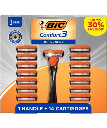 BIC Comfort 3 Refillable Disposable Razors for Men 1 Handle and 14 Cartridges With 3 Blades 15 Piece Razor Kit for Men