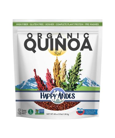 Happy Andes Red Organic Quinoa 3 lbs - Non Gluten, Whole Grain Rice Substitute - Ready to Cook Food for Oats & Seeds Recipes - Healthy Meal with Vitamins & Protein - Best Value Grocery Bag