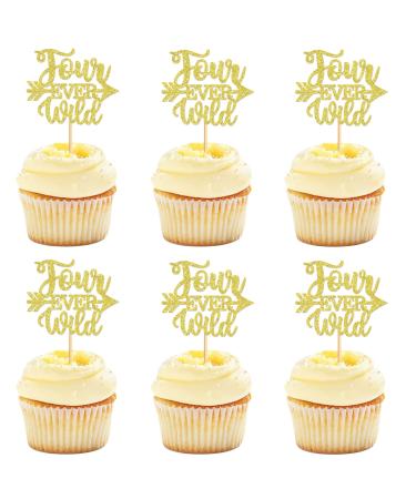 Ercadio 24 Pack Four Ever Wild Cupcake Toppers Gold Glitter Four Ever Wild Cupcake Picks Four Ever Wild Cupcake Decorations for Baby Shower Kids 4th Birthday Theme Party Cake Decoration Supplies Four Ever Wild Gold