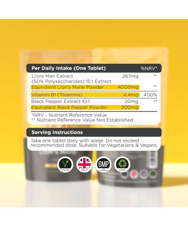 Lions Mane Supplement 4000mg with Vitamin B1 & Black Pepper 120 Vegan Tablets - Lion's Mane Mushroom 15:1 Extract UK Made for Mental Performance & Nervous System - Buy Online on GoSupps.com