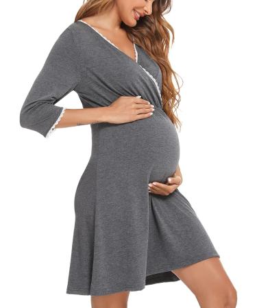 Sykooria Women's Cotton Nursing Nightdress - Dark Grey XL | Maternity Labor & Delivery Gown - Buy Online on GoSupps.com