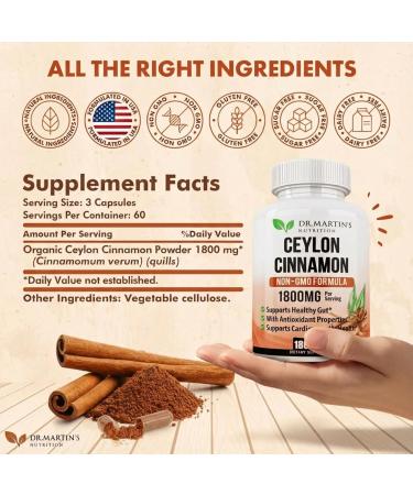 1800mg Organic Ceylon Cinnamon Capsules | 180 Count | Supports Joints Healthy Inflammatory Responses Antioxidant & Cardiovascular Health | Non-GMO & Gluten Free Supplement - Buy Online on GoSupps.com