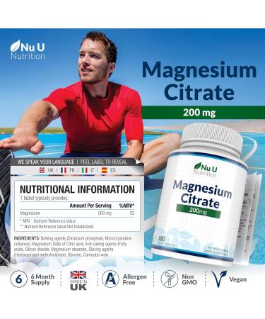 Magnesium Citrate 200mg | 180 Tablets | 6 Month Supply | UK Made by Nu U Nutrition - Buy Online on GoSupps.com