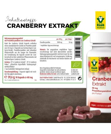 Buy Raab Vitalfood Organic Cranberry Extract Capsules - 90 Sugar-Free & Vegan 50mg Proanthocyanidins (PAC) - Gluten-Free International Shipping - Buy Online on GoSupps.com