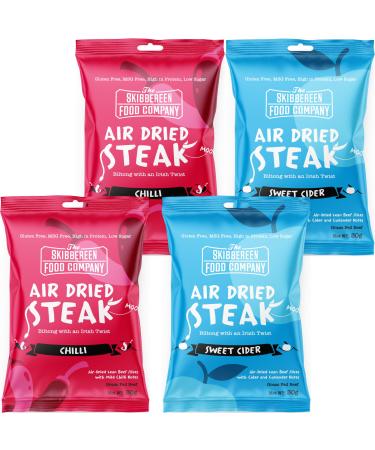 Grass Fed Beef Jerky Variety Pack - Air Dried Lean Beef Biltong - High Protein Snack 2x Mild Chilli & 2x Sweet Cider Flavours - Low In Sugar Gluten Free MSG Free - 4x 30g by The Skibbereen Food Co