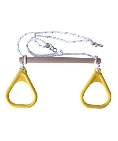 DreamGYM Wooden Trapeze Swing Bar with Yellow Gym Rings for Obsticle Courses, Swing Sets, Playgrounds and Doorway Swings