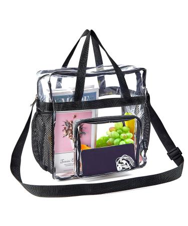 Clear Bag Stadium Approved, Transparent See Through Clear Tote Bag with Adjustable Shoulder Strap and Zippered Top, Sturdy Gym Clear Bag for Sports Games, Work, Concerts-12x12x6, Black