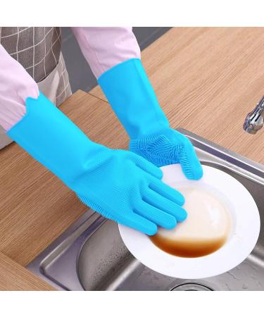Silicone Hand Gloves Reusable Rubber Sponge Scrubbers Good Use for Kitchen Dishwasher Fruit Household Cleaning (Blue) - Buy Online on GoSupps.com