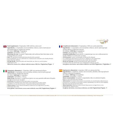 Pack of 3 Vita World L-Tryptophan 1000mg 120 Vegetarian Tablets Made in Germany - Buy Online on GoSupps.com