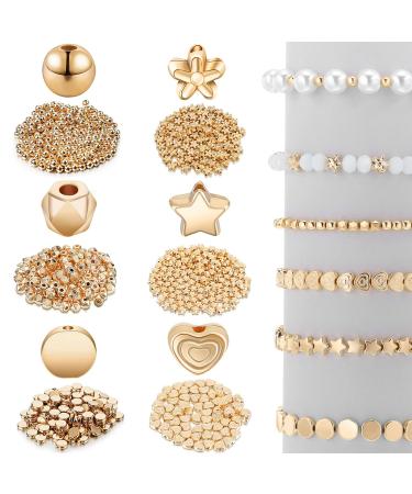 1200 Pieces Spacer Beads Set Star Beads Round Ball Beads Rondelle Faceted Spacer Beads Heart Beads Flower Beads Flat Disc Beads Loose Beads for Bracelet Earring Necklace Jewelry Making (Gold)