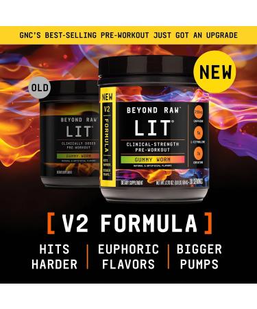 BEYOND RAW LIT V2 Clinical Strength Pre Workout Powder Hits Harder Bigger Pumps Caffeine L-Citrulline Creatine Gummy Worm 30 Servings Gummy Worm 30 Servings - V2 - Buy Online on GoSupps.com