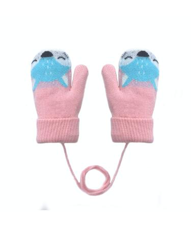 BEISIJIA Toddler Kids Warm Knitted Mittens Cute Cartoon Gloves Winter Full Fnger Mittens with String Hang Neck for 1-4 Years Kids Pink