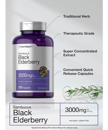 Horbaach Black Elderberry Capsules 3000mg | 300 Count Non-GMO Gluten Free | Sambucus Supplement - Buy Online on GoSupps.com