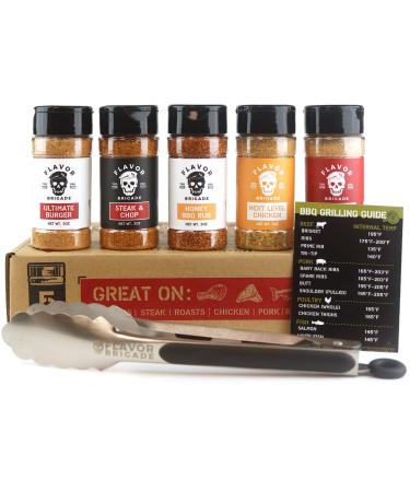Gourmet Grilling Spices Gift Set for Guys, Dad, Men, BBQ Grill Accesories, Smoker, Seasonings, Rub, Steak, Burgers, Chicken, Fish, Stainless Tongs & Magnet (5 Bottles, 7 Piece Set) 5 Gourmet Grilling Spices