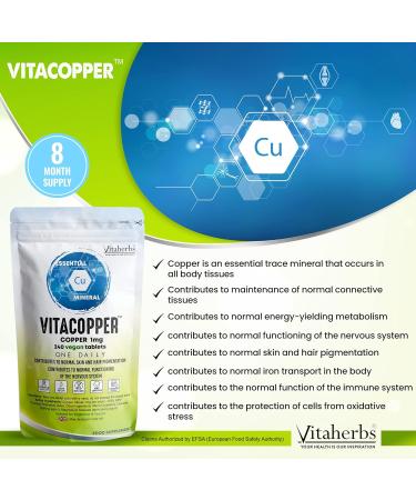 Copper Supplement 1000 mcg 240 Vegan Tablets | 8 Month Supply | Hair Pigmentation | Nervous & Immune System Support | Vitacopper by Viateherbs - Buy Online on GoSupps.com