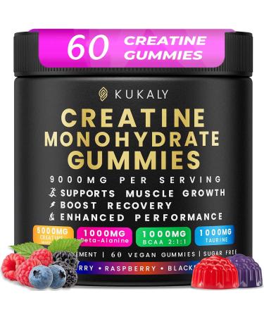kukaly Creatine Monohydrate Gummies for Men & Women, 9000MG Creatine Gummies Sugar Free - Mixed Flavored with L-Taurine, BCAA 2:1, B12 B6 for Boost Strength, Focus & Endurance, Vegan, Non-GMO, 60pcs