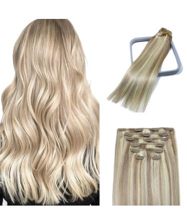 18In Clip In Hair Extensions Ash Blonde with Bleach Blonde 8A Grade Long Straight Smooth Human Hair Double Weft 100% Real Remy Hair Extension Full Head 70g7PCS(18In#18p613) 18 Inch #18p613-Ash Blonde with Bleach Blonde