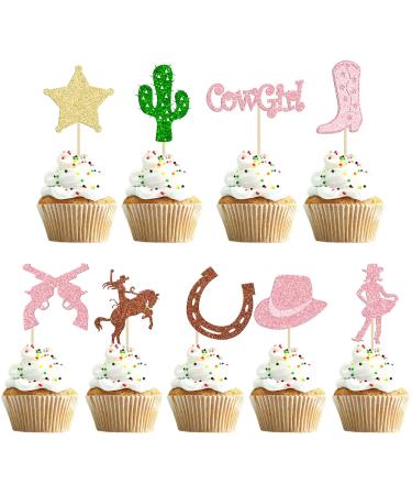 36Pcs Cowgirl Cupcake Toppers Glitter HorseShoe Cactus Gun Cupcake Picks Cowgirl Hats Boots Cake Decorations Decor Supplies for Baby Shower Western Theme Girls Birthday Party