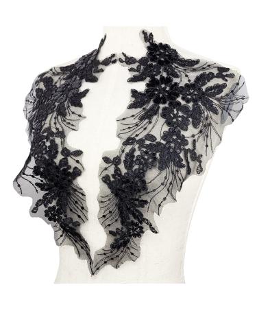 Flower Embroidery Sequin Lace Appliques Trim Floral Embroidered Sew on Patches for Wedding Bridal Dress Party Gown Bodice Craft DIY, 1 Pairs (Black)