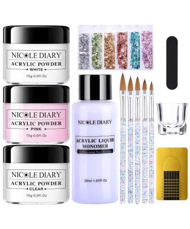 NICOLE DIARY Acrylic Powder Set - 3 Colors Acrylic Power Starter Kit Pink/White/Clear  Include Liquid Monomer  Nail Forms  Brushes  Glitter  Mini File White Clear Pink 1 - Buy Online on GoSupps.com