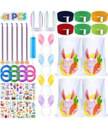 41 Easter Outdoor Party Game Bunny Potato Sack Race Bag Legged Relay Race Bands Bunny Colored Ears Ring Toss Game Bunny Colored Ear Headband Easter Stickers for Easter Party Favor Easter Egg Hunt Game