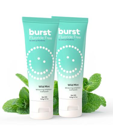 BURST Fluoride Free Whitening Toothpaste for Stain Removal (4.7oz/2 Pack/Wild Mint) | for Sensitive Teeth | with Xylitol | Vegan Gluten & SLS Free Fluoride-Free: Wild Mint 2 Pack